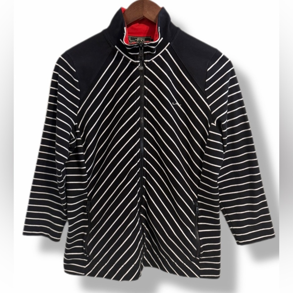 L-RL Lauren Active Ralph Lauren Black White Striped Everyday Zip Jacket Size L